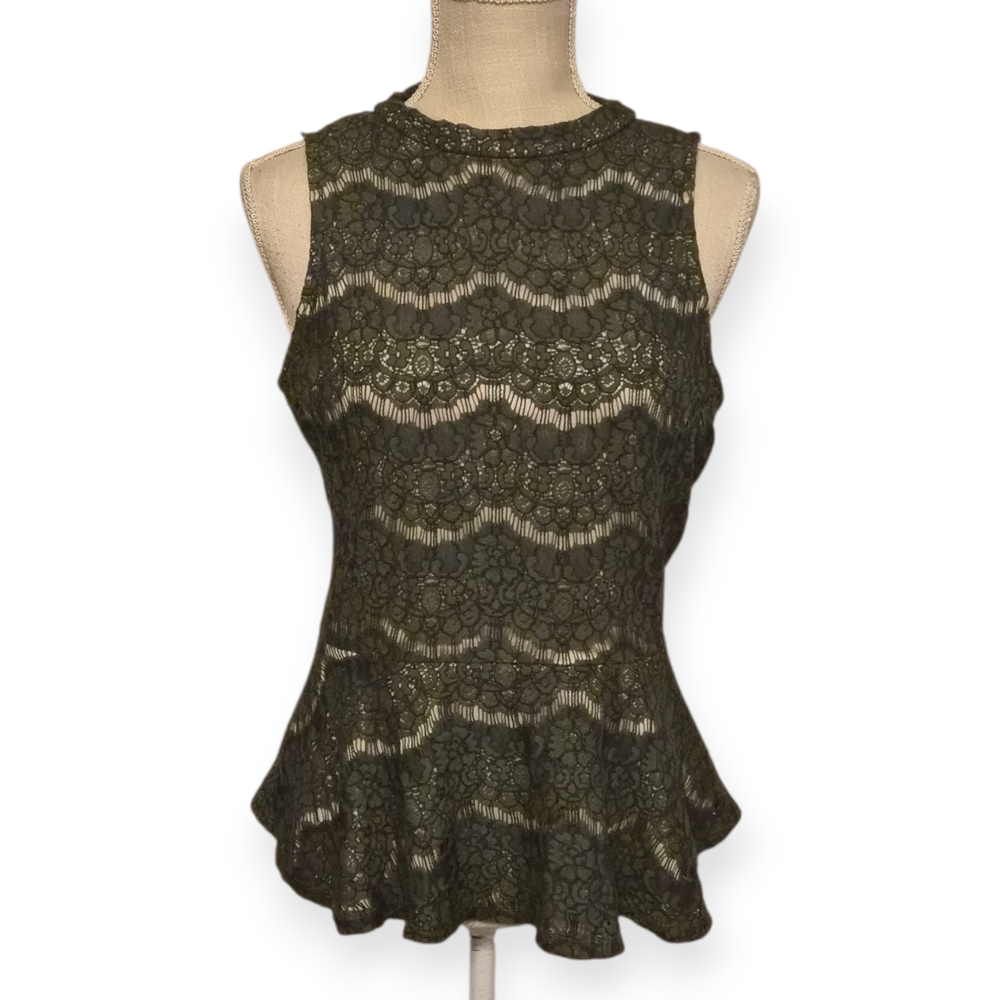 LOVE, FIRE | Women's Olive Green Lace Peplum Sleeveless Top